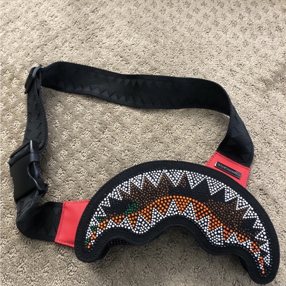 Sprayground Black Red Orange Crossbody Bag with Rhinestone Shark Design